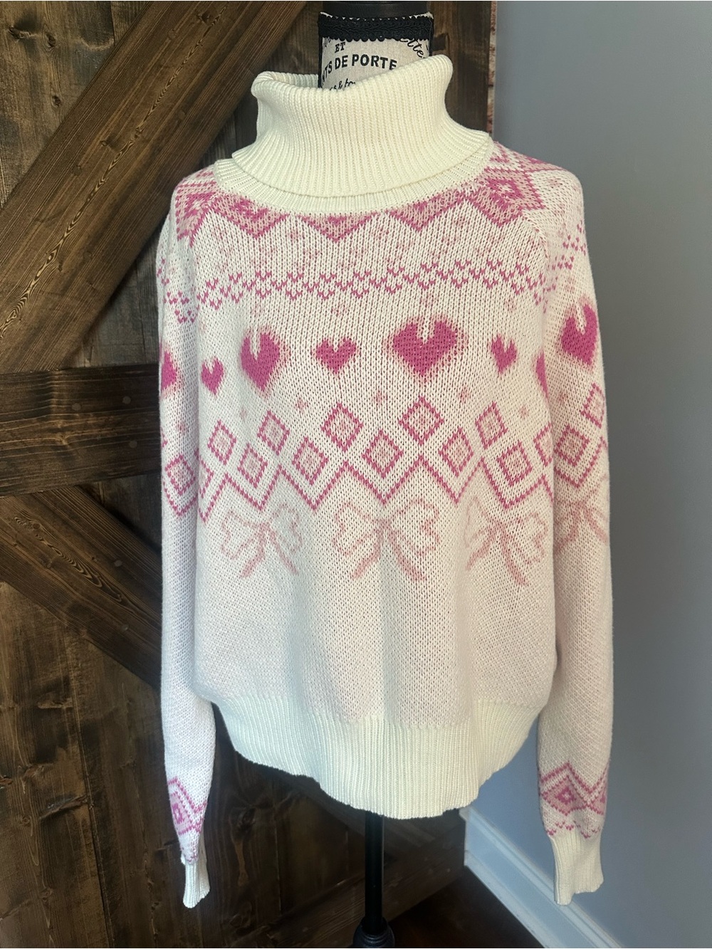 Cream & Pink Fair Isle Turtleneck Sweater - Women